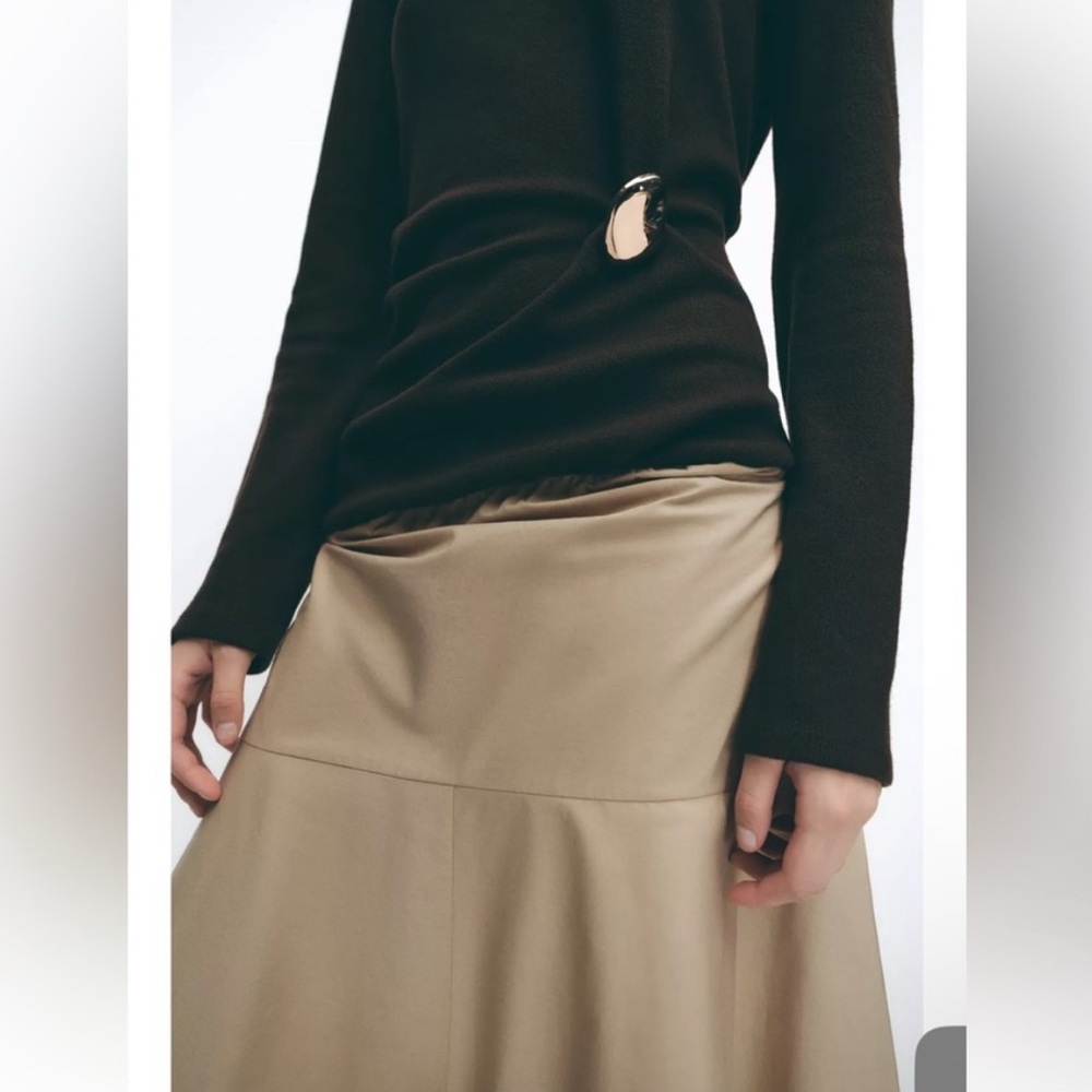 Zara Black and Tan Brooch Clasp Flared Skirt Dress. Mixed media. Size Medium - Picture 4 of 7